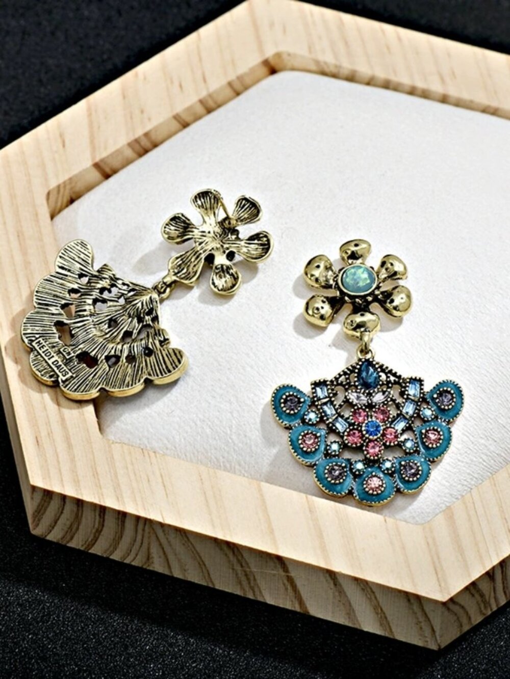 Vintage Gold Blue Enamel Multicolored Crystal Peacock Fan Drop Earrings - Picture 2 of 2